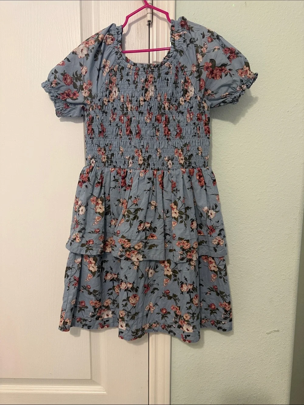 Girls Blue Floral Tiered Smocked Dress